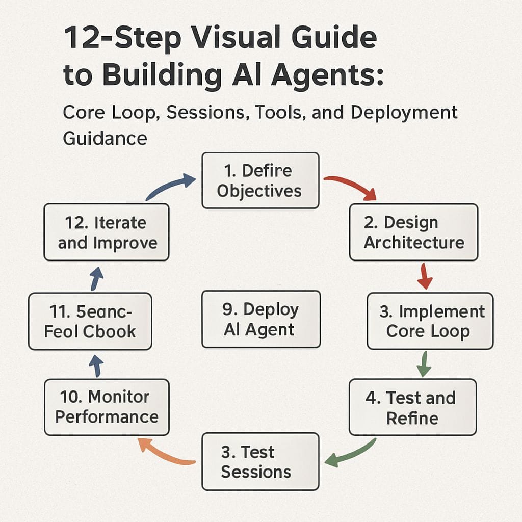 12-Step Visual Guide to Building AI Agents: Core Loop, Sessions, Tools, and Deployment Guidance