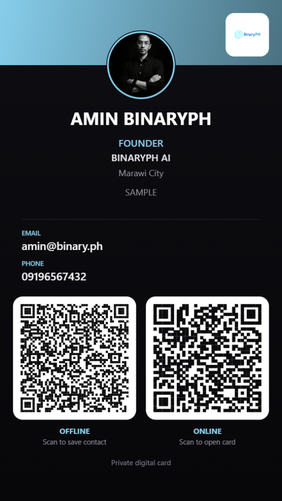 Amin BinaryPH digital business card with QR codes