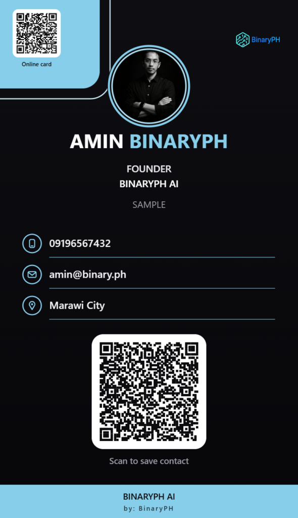 Amin BinaryPH digital business card with photo and QR contact details