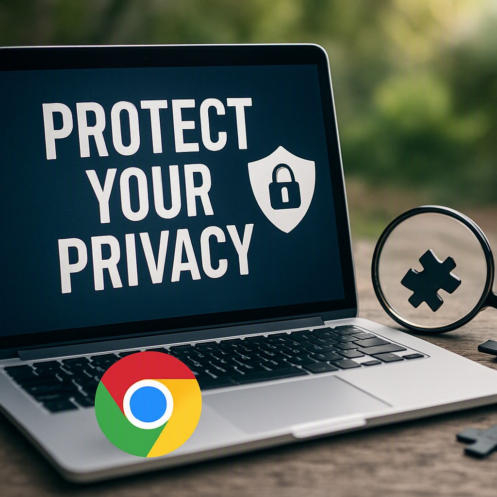 Laptop displaying "PROTECT YOUR PRIVACY" with Chrome logo and lock icon