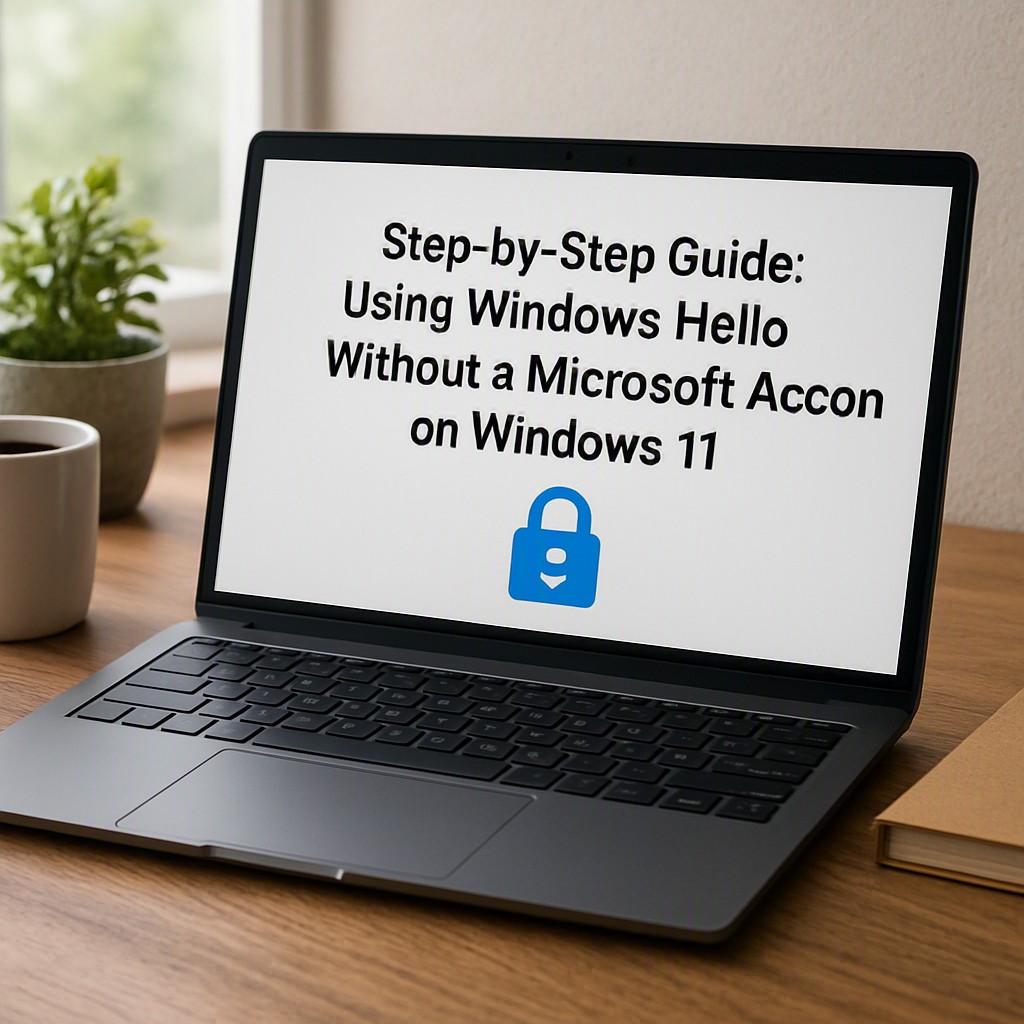 Laptop displaying Windows Hello guide on wooden desk
