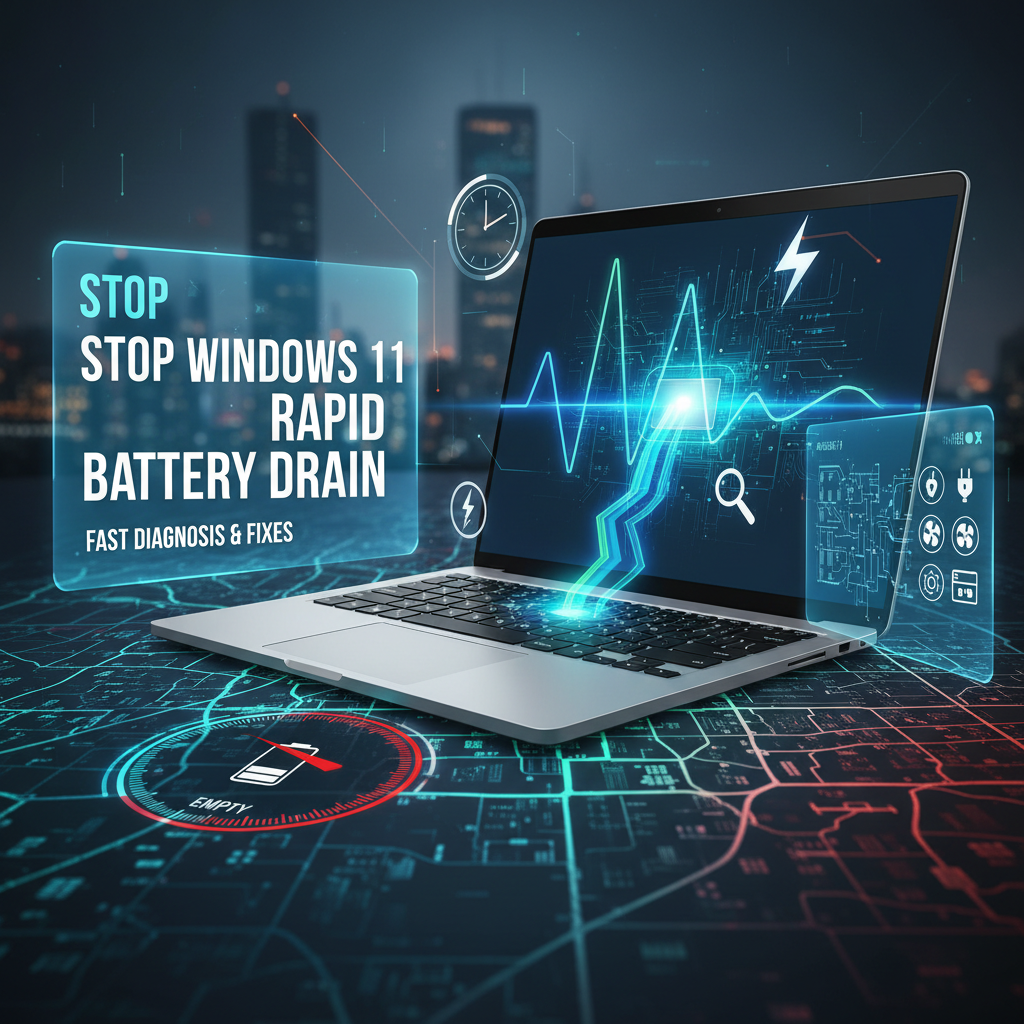 Laptop displaying Windows 11 battery drain problem and fix.