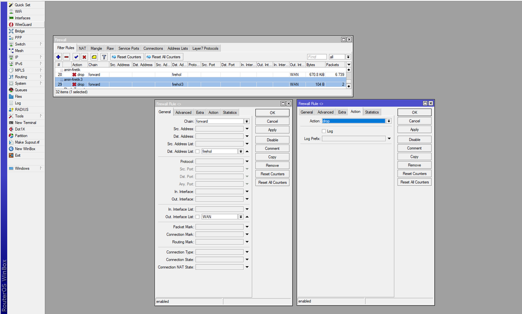 MikroTik WinBox interface displaying firewall drop rules.